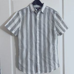 Express Gray and White Striped Linen Cotton Short Sleeve Button Down Shirt